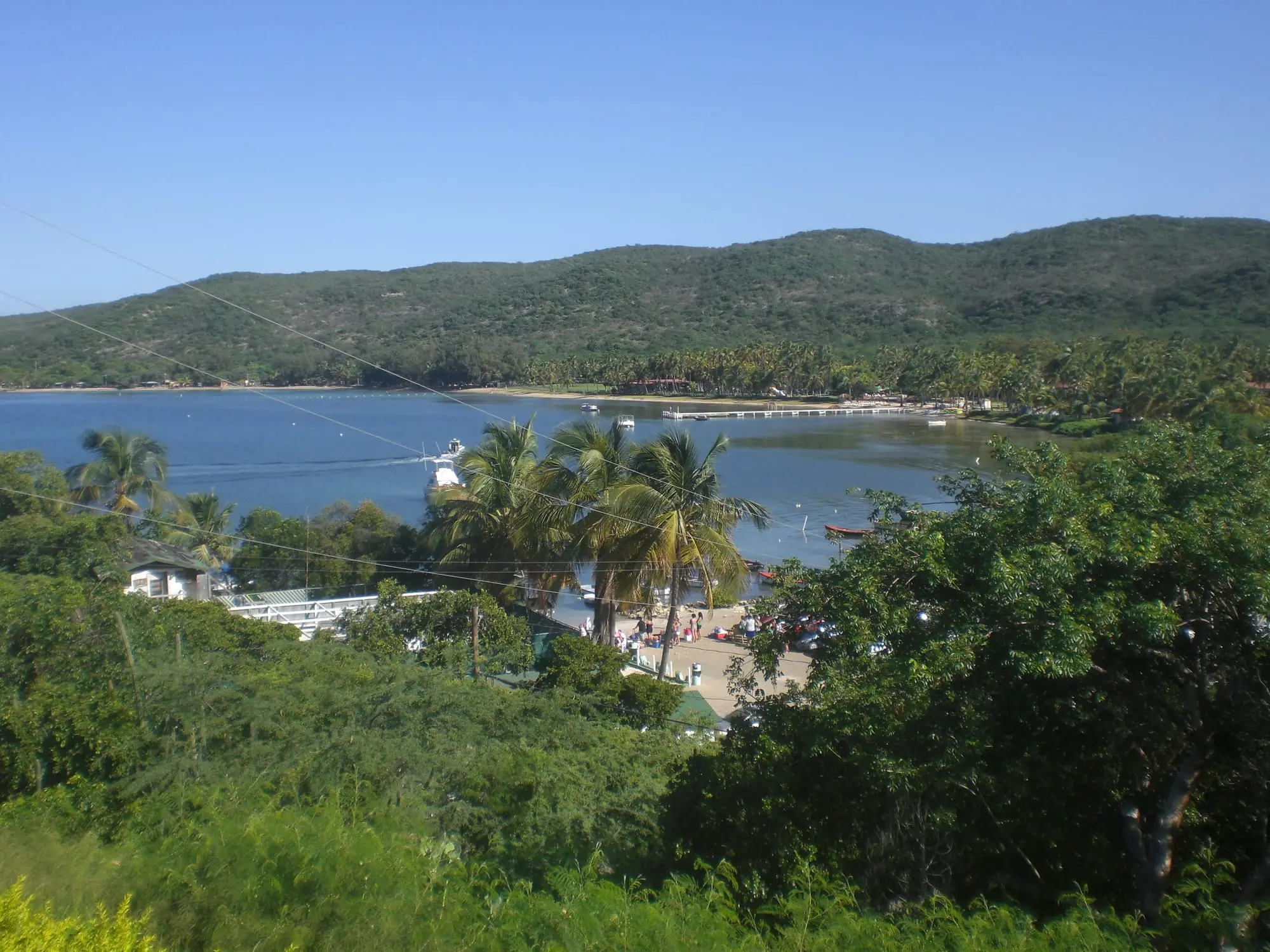 Caña Gorda bay seen from the hills, with palm trees, the beach and the green slopes of the Guánica dry forest