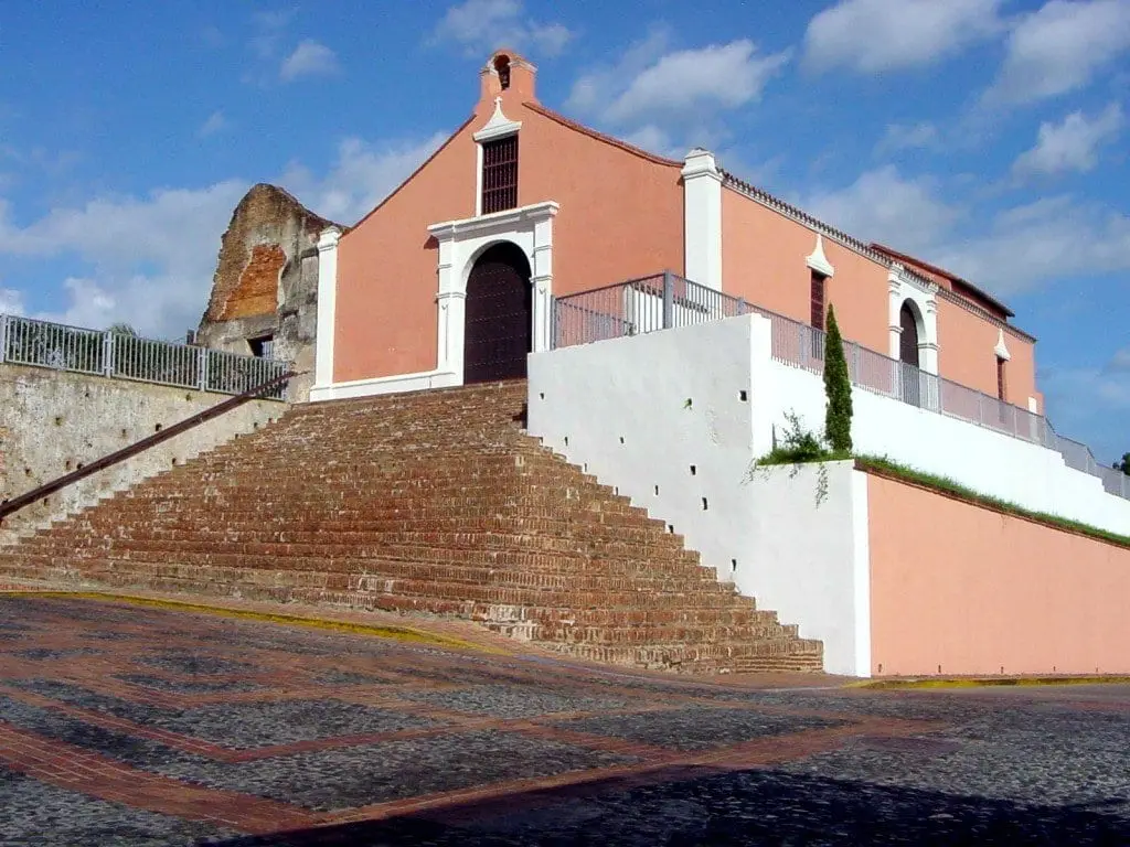 Porta Coeli chapel at the top of its wide brick stairway in San Germán